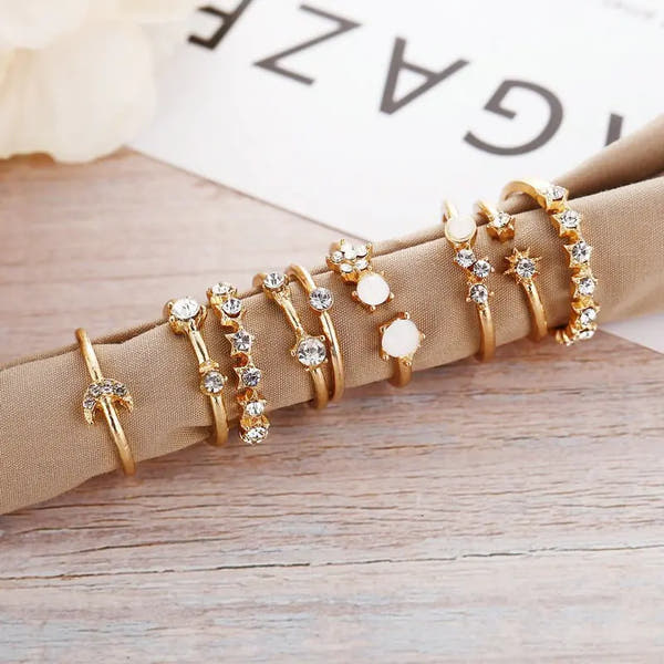 9 Pcs Vintage Gold Crystal Star Moon Rings Set for Women