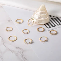 9 Pcs Vintage Gold Crystal Star Moon Rings Set for Women