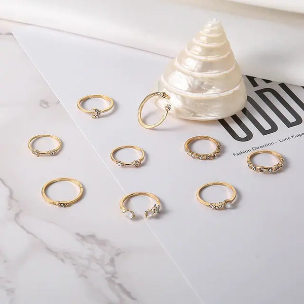 9 Pcs Vintage Gold Crystal Star Moon Rings Set for Women